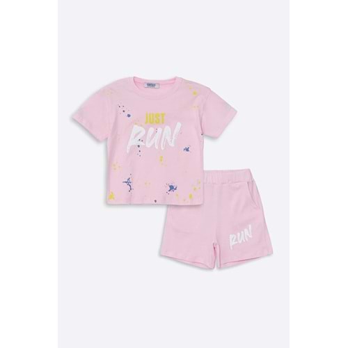 Run Baskılı Penye Şort- T-Shirt Kız-Erkek Takım - Coppa - Pembe - 5 YAŞ - FRND00000002-44