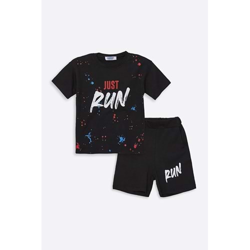 Run Baskılı Penye Şort- T-Shirt Kız-Erkek Takım - Coppa - Siyah - 3 YAŞ - FRND00000002-50