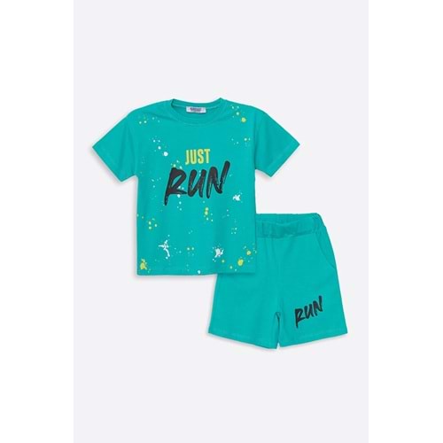 Run Baskılı Penye Şort- T-Shirt Kız-Erkek Takım - Coppa - Su Yeşili - 9 YAŞ - FRND00000002-64