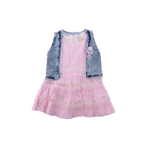 Kot Yelekli Dantel Detaylı Çekmez Solmaz Etekli Çocuk Elbisesi -Pembe - 6 YAŞ - FRND00000011-153