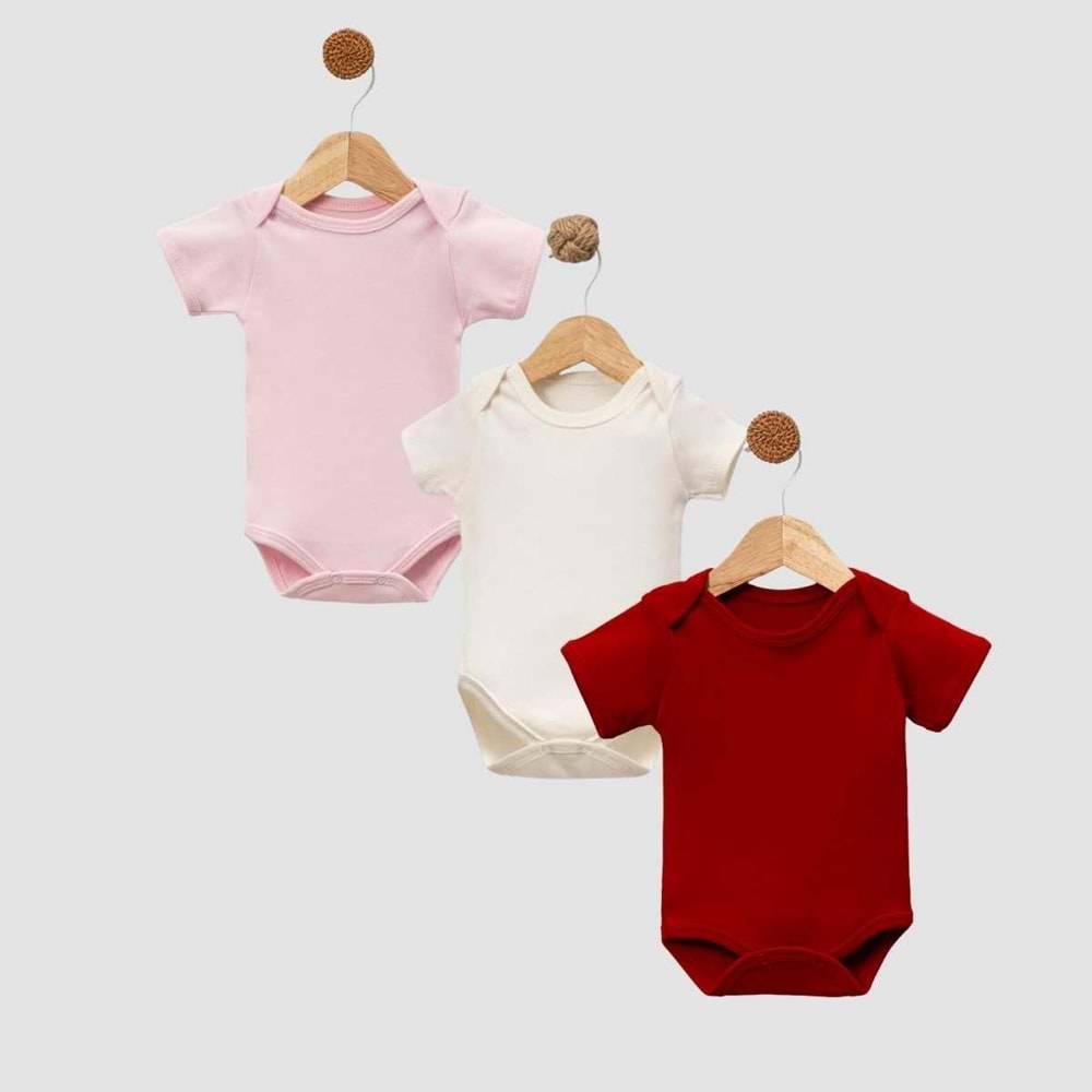 Jijek Baby 3 Lü Kısakollu Bebek Body – Yumuşak,Rahat - EKRU-KIRMIZI-PEMBE - 6-9AY