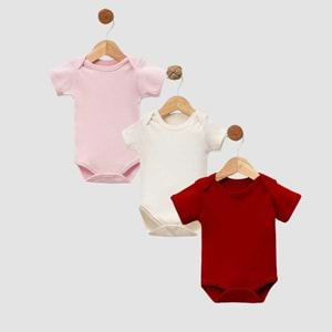 Jijek Baby 3 Lü Kısakollu Bebek Body – Yumuşak,Rahat - EKRU-KIRMIZI-PEMBE - 6-9AY